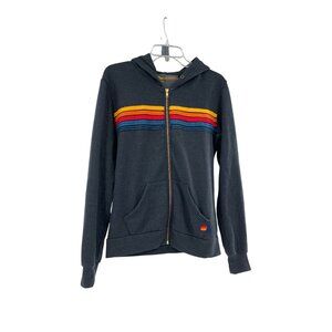 Aviator Nation Vintage-Look Gray Hoodie Rainbow Stripes & Front Zip Closure